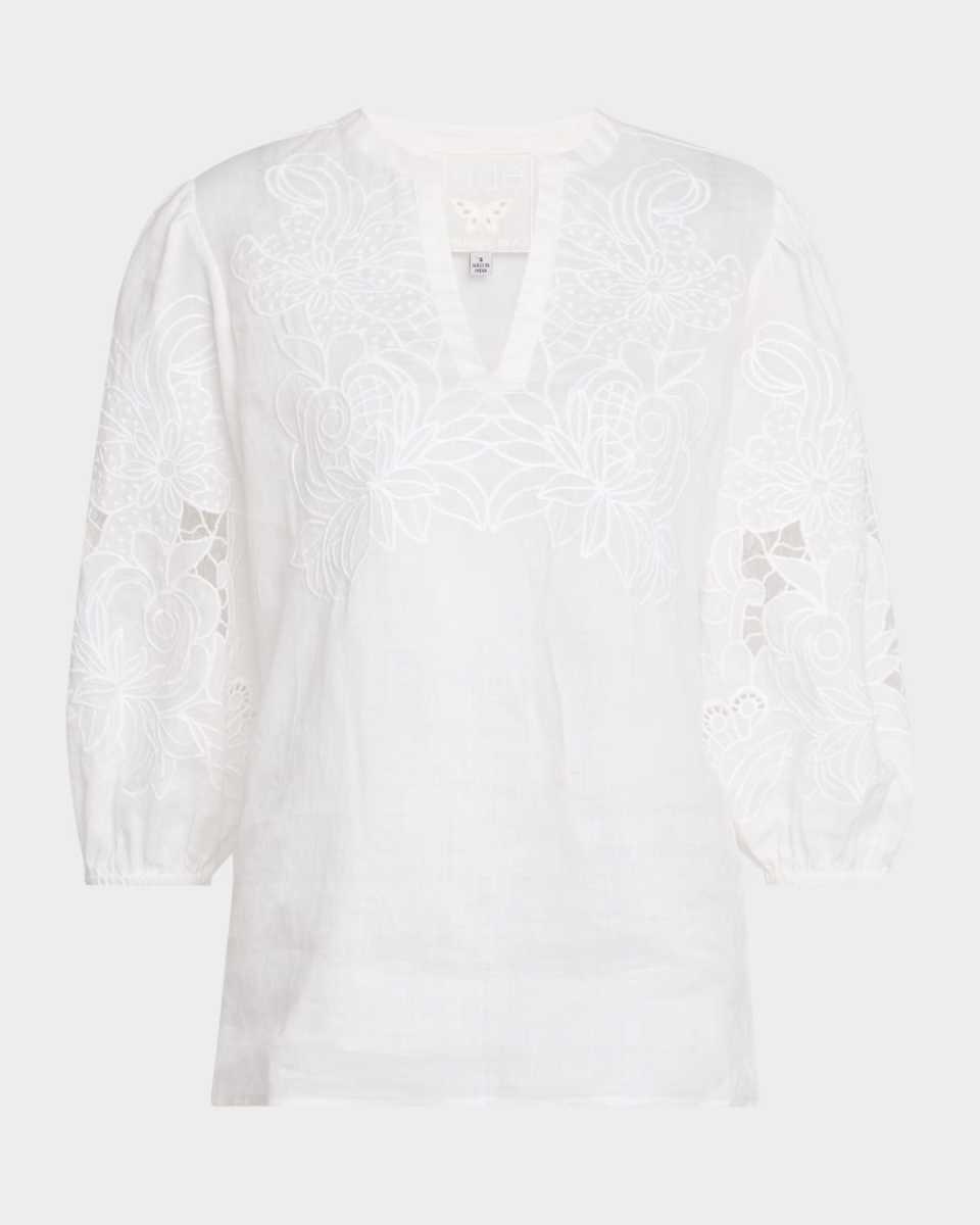 Sadie Cutout Floral-Embroidered Ramie Blouse